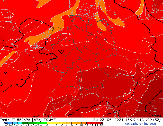 Theta-W 850hPa ECMWF zo 23.06.2024 15 UTC