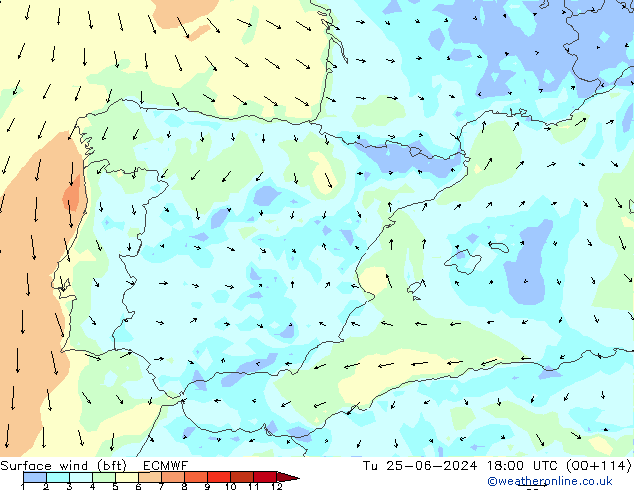 Surface wind (bft) ECMWF Út 25.06.2024 18 UTC