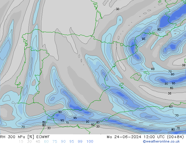 Humidité rel. 300 hPa ECMWF lun 24.06.2024 12 UTC