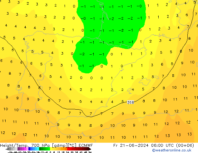 Height/Temp. 700 hPa ECMWF ven 21.06.2024 06 UTC