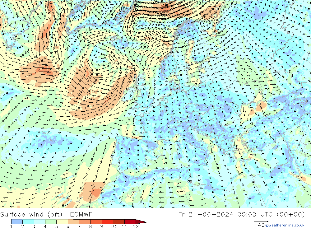 �N 10 米 (bft) ECMWF 星期五 21.06.2024 00 UTC