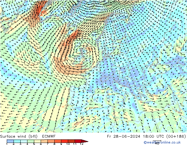  10 m (bft) ECMWF  28.06.2024 18 UTC