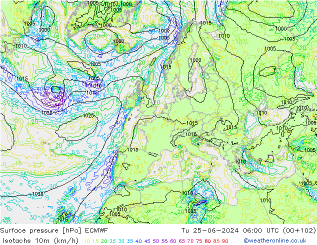 Isotachen (km/h) ECMWF di 25.06.2024 06 UTC
