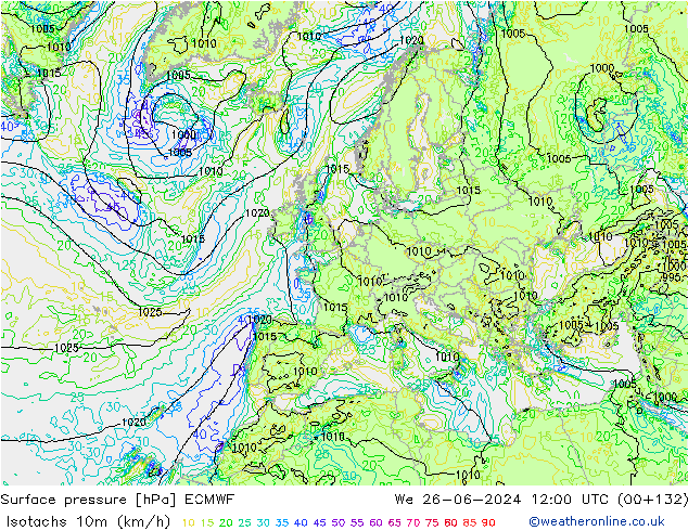 Isotachs (kph) ECMWF ср 26.06.2024 12 UTC