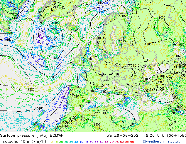 Isotachs (kph) ECMWF We 26.06.2024 18 UTC