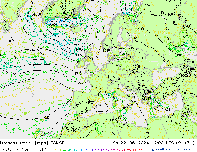 Isotachs (mph) ECMWF So 22.06.2024 12 UTC