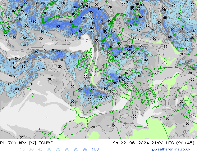 RH 700 hPa ECMWF Sa 22.06.2024 21 UTC