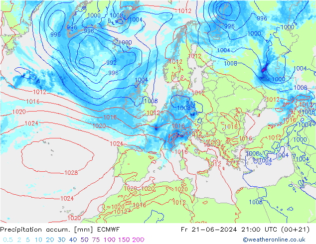 Precipitation accum. ECMWF Pá 21.06.2024 21 UTC