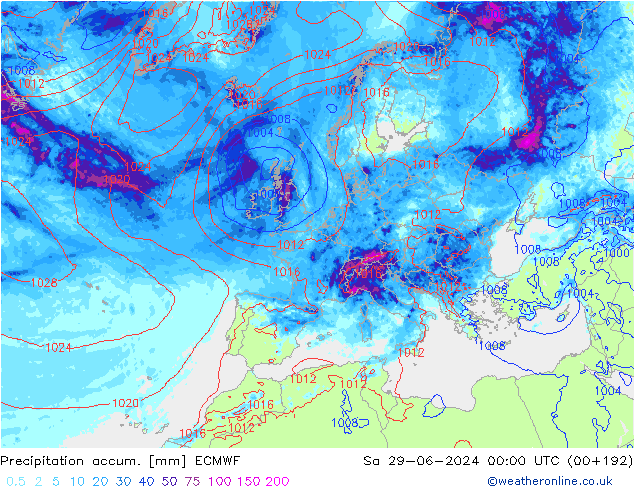 Precipitation accum. ECMWF Sa 29.06.2024 00 UTC