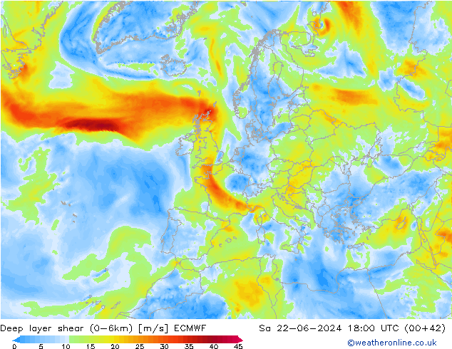 Deep layer shear (0-6km) ECMWF Sa 22.06.2024 18 UTC