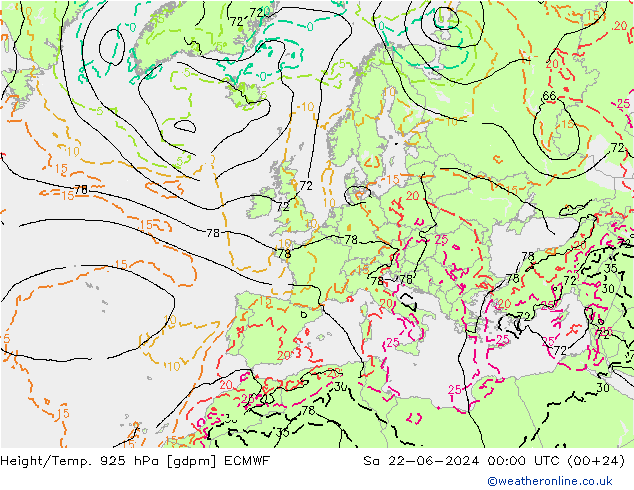 Height/Temp. 925 hPa ECMWF Sa 22.06.2024 00 UTC