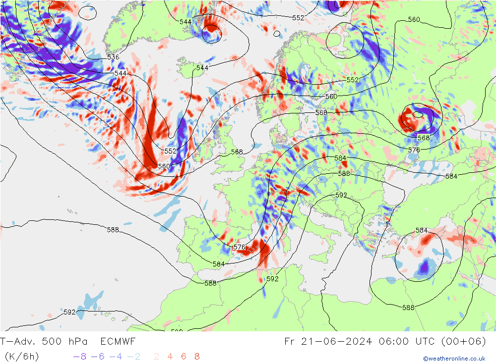 T-Adv. 500 hPa ECMWF Fr 21.06.2024 06 UTC