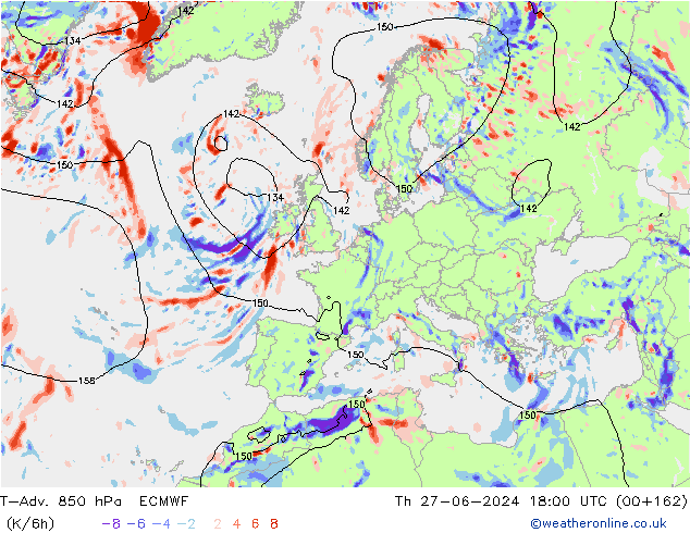 T-Adv. 850 hPa ECMWF Th 27.06.2024 18 UTC