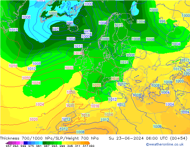 Thck 700-1000 hPa ECMWF dim 23.06.2024 06 UTC