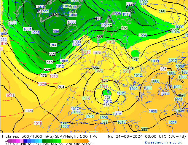 Thck 500-1000hPa ECMWF Po 24.06.2024 06 UTC