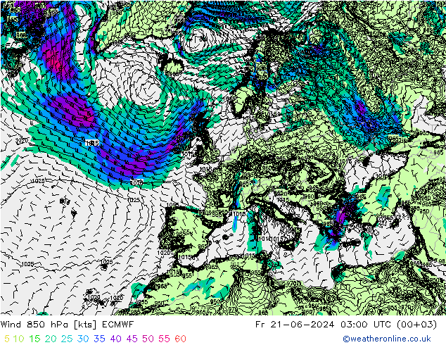 风 850 hPa ECMWF 星期五 21.06.2024 03 UTC