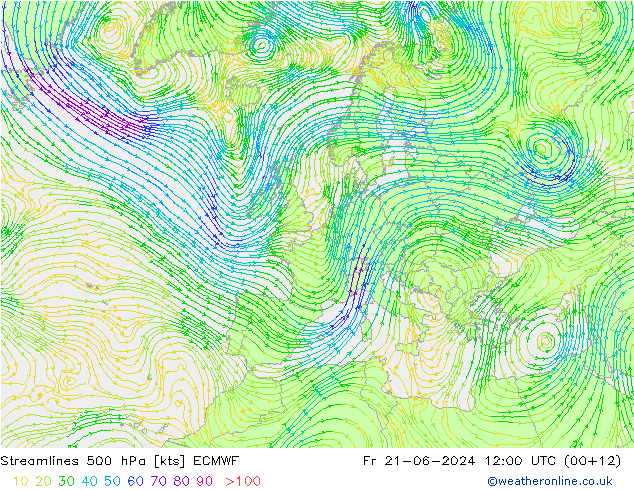 Línea de corriente 500 hPa ECMWF vie 21.06.2024 12 UTC