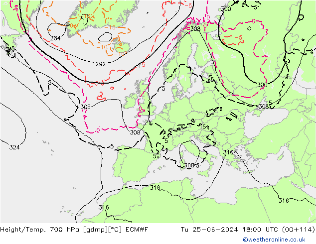 Geop./Temp. 700 hPa ECMWF mar 25.06.2024 18 UTC