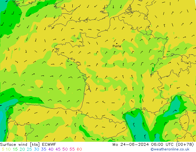 Surface wind ECMWF Mo 24.06.2024 06 UTC