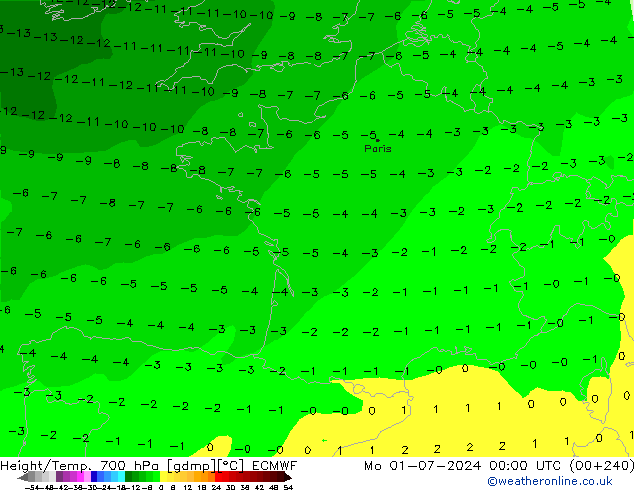 Height/Temp. 700 hPa ECMWF Mo 01.07.2024 00 UTC