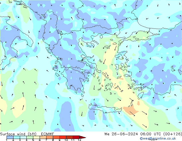 Bodenwind (bft) ECMWF Mi 26.06.2024 06 UTC