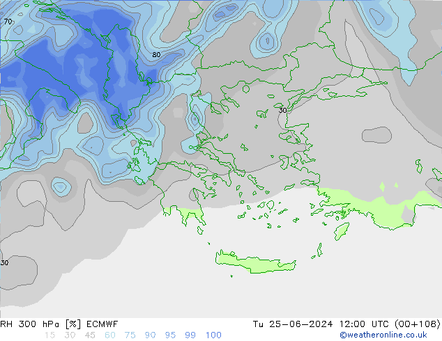 RH 300 гПа ECMWF вт 25.06.2024 12 UTC