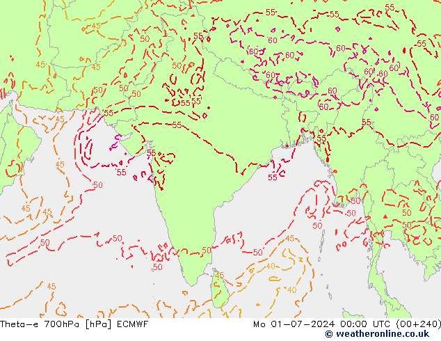 Theta-e 700hPa ECMWF Mo 01.07.2024 00 UTC