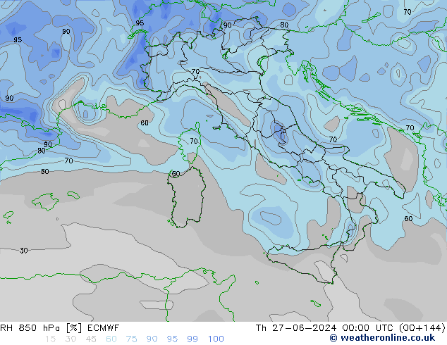 RH 850 гПа ECMWF чт 27.06.2024 00 UTC