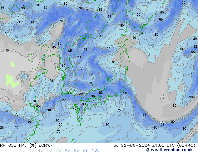 RH 850 hPa ECMWF Sa 22.06.2024 21 UTC