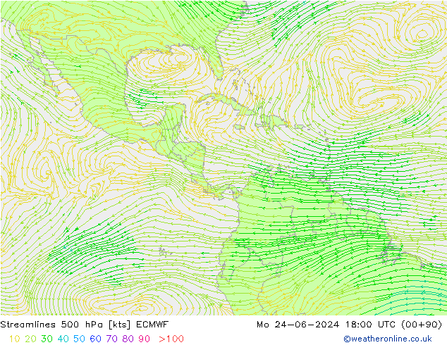 Línea de corriente 500 hPa ECMWF lun 24.06.2024 18 UTC