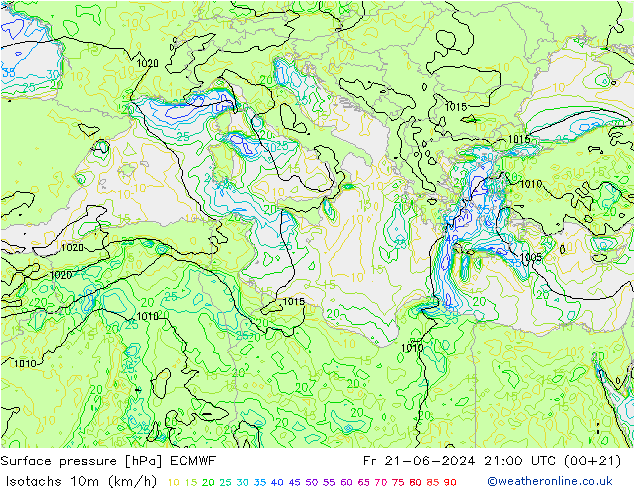 Izotacha (km/godz) ECMWF pt. 21.06.2024 21 UTC