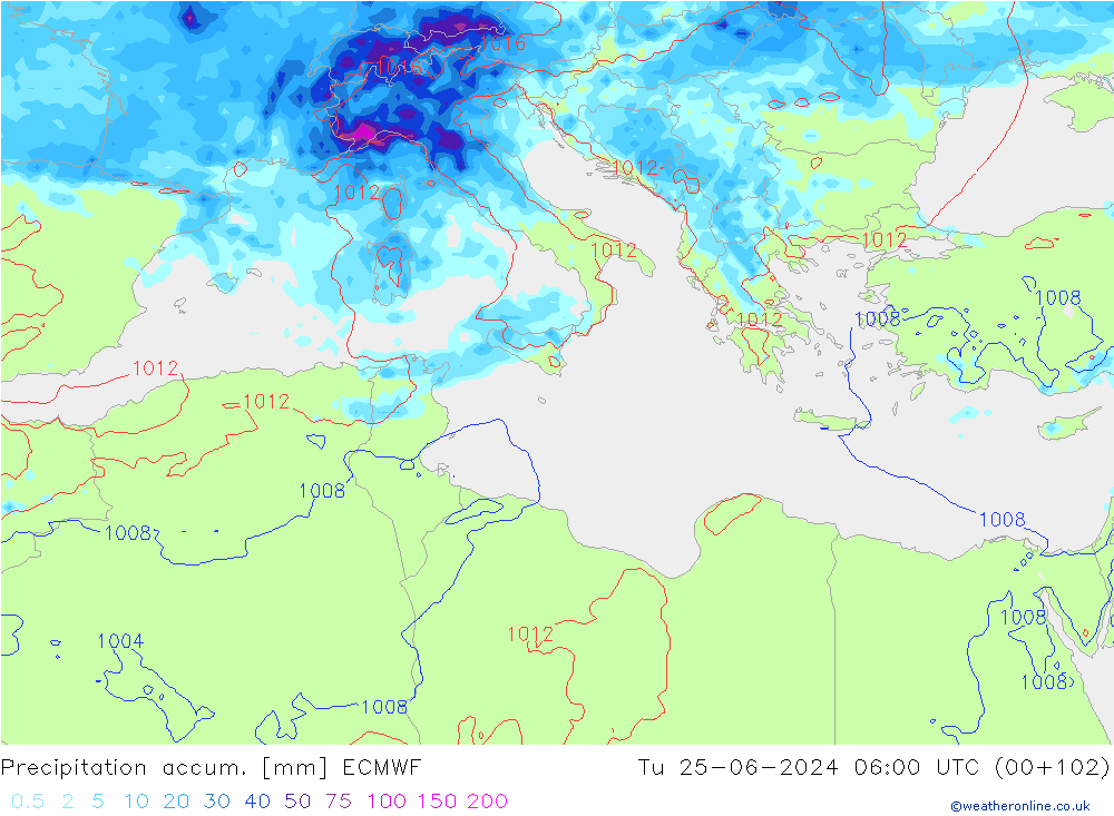 Précipitation accum. ECMWF mar 25.06.2024 06 UTC