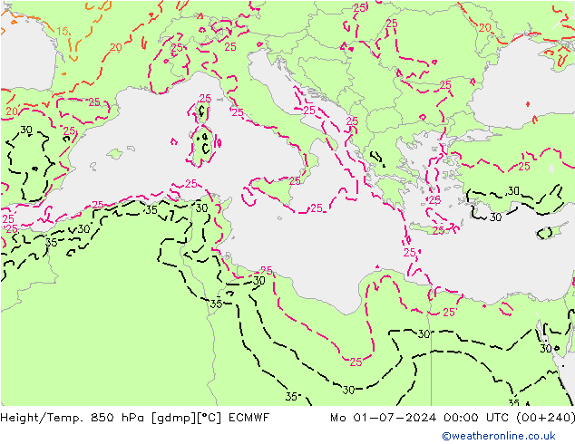 Height/Temp. 850 hPa ECMWF Mo 01.07.2024 00 UTC