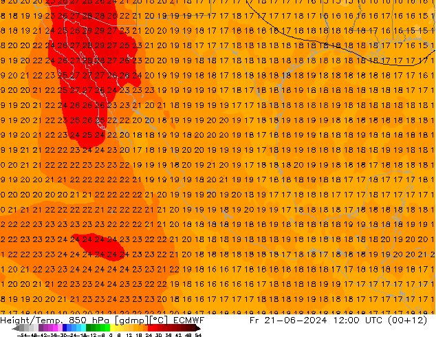 Height/Temp. 850 hPa ECMWF Fr 21.06.2024 12 UTC