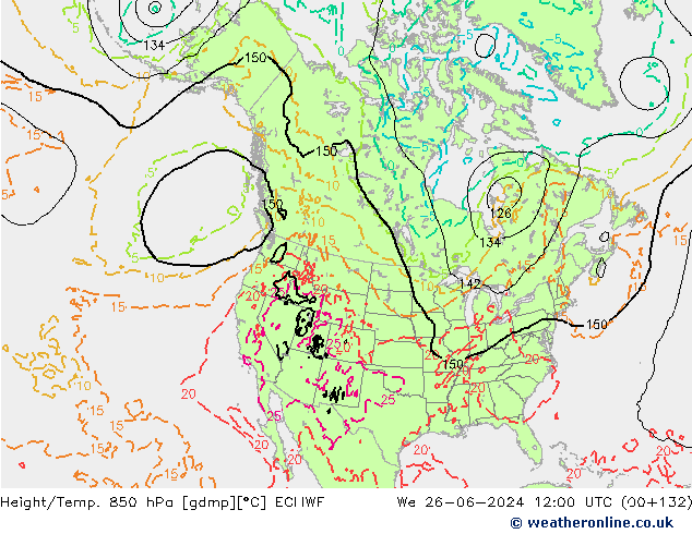 Z500/Yağmur (+YB)/Z850 ECMWF Çar 26.06.2024 12 UTC