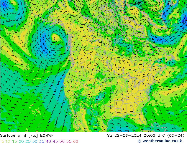 wiatr 10 m ECMWF so. 22.06.2024 00 UTC