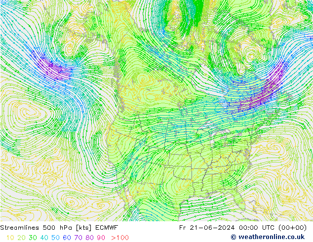 Línea de corriente 500 hPa ECMWF vie 21.06.2024 00 UTC