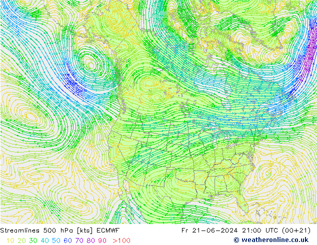 Ligne de courant 500 hPa ECMWF ven 21.06.2024 21 UTC