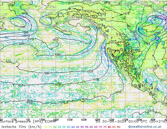 Isotachs (kph) ECMWF Su 30.06.2024 00 UTC