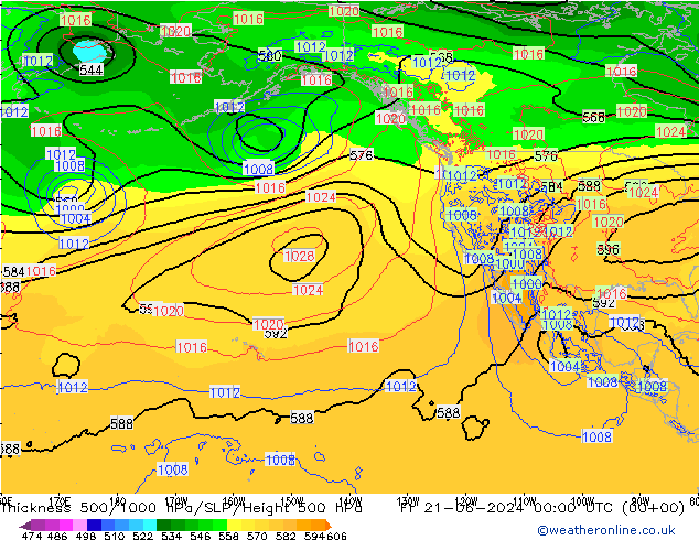 Espesor 500-1000 hPa ECMWF vie 21.06.2024 00 UTC