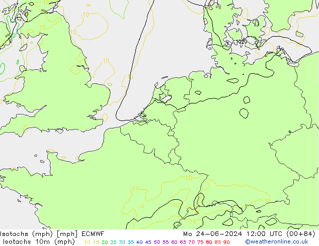 Isotachs (mph) ECMWF lun 24.06.2024 12 UTC