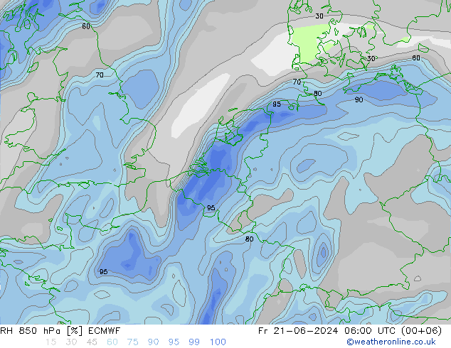 Humedad rel. 850hPa ECMWF vie 21.06.2024 06 UTC