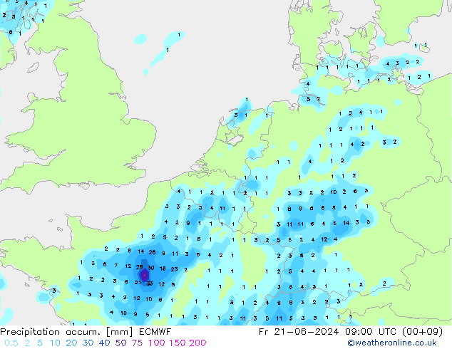 Precipitation accum. ECMWF Fr 21.06.2024 09 UTC