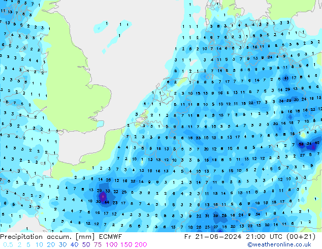 Precipitation accum. ECMWF 星期五 21.06.2024 21 UTC