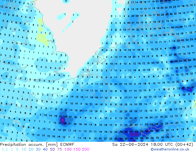 Precipitación acum. ECMWF sáb 22.06.2024 18 UTC