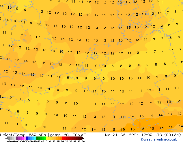 Height/Temp. 850 hPa ECMWF Po 24.06.2024 12 UTC