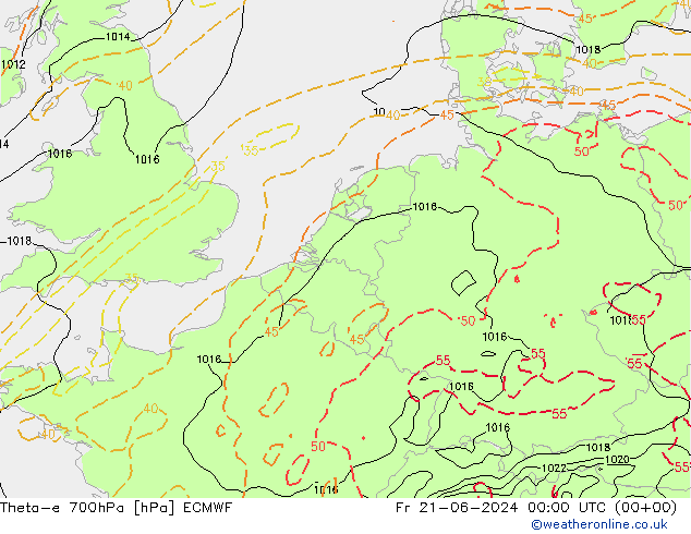 Theta-e 700hPa ECMWF Pá 21.06.2024 00 UTC