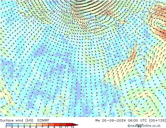 Surface wind (bft) ECMWF We 26.06.2024 06 UTC