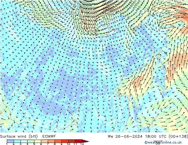 Vento 10 m (bft) ECMWF mer 26.06.2024 18 UTC