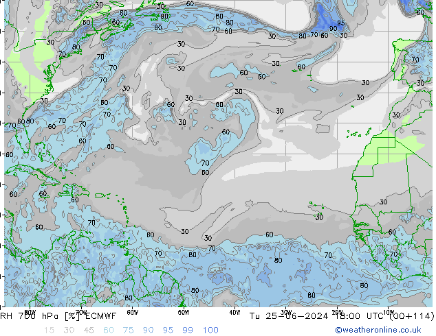 RH 700 hPa ECMWF  25.06.2024 18 UTC